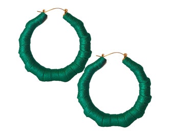Hoop Earrings | Bamboo Earrings | Green | Hand-wrapped | Fabric Covered | Light Weight and Airy | Green Material | Kelly Green Earrings |