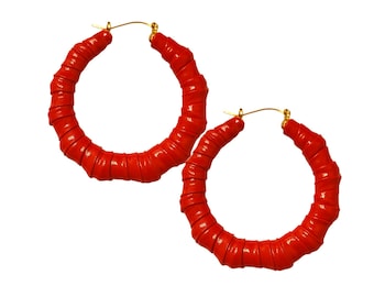 Red Faux Leather Bamboo Hoop Earrings | Soft Feel-Beautiful Look | Lightweight and Lead-free | Color{Red} Make the Outfit Pop | Red is Bold!