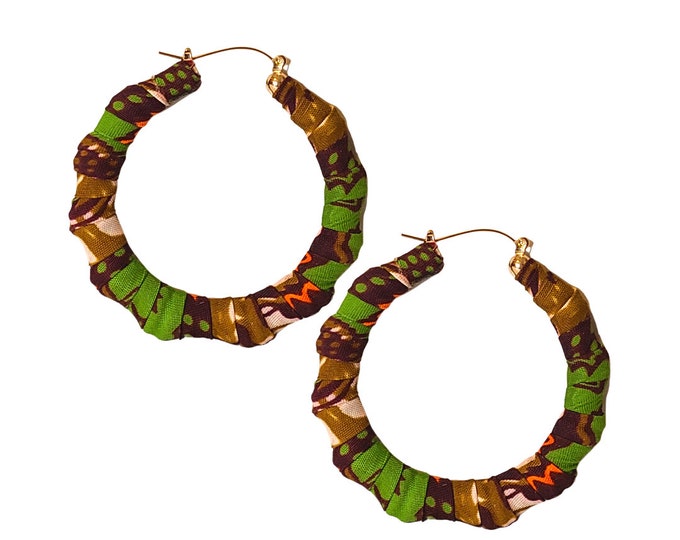 Green and Brown Ankara Fabric Wrapped Bamboo Hoopz