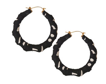 Hoop Earrings | Bamboo Hoop Earrings | Ankara Black and White | Fabric Wrapped| African Hoop Earrings | Fabric Covered | Ankara Cloth |
