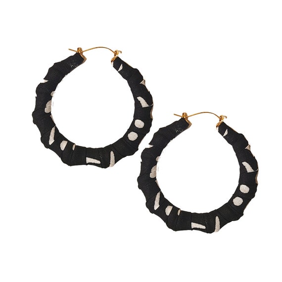 Hoop Earrings | Bamboo Hoop Earrings | Ankara Black and White | Fabric Wrapped| African Hoop Earrings | Fabric Covered | Ankara Cloth |