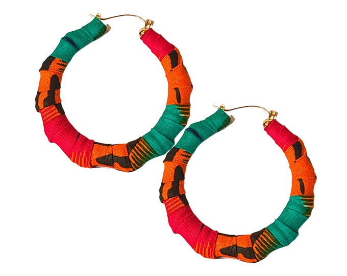 Hoop Earrings | Bamboo Earrings | African Fabric | Green, Red & Orange Ankara Hand-wrapped |Colorful and Stylish | Handmade | Green | Orange