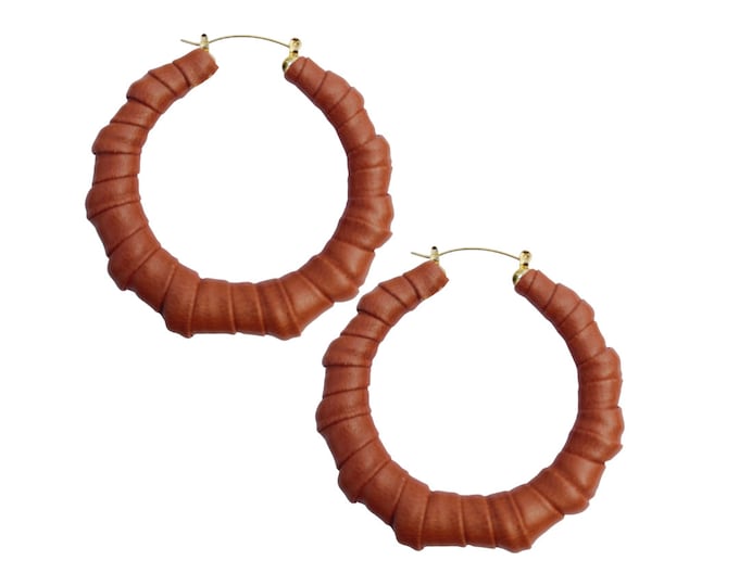 Cognac Soft Faux Leather Bamboo Hoops