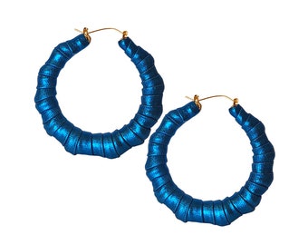 Blue Metallic Foil Earrings | Bamboo Style Hoop Earrings | Hoop Earrings | 14kt Gold Filled Hoops | Blue Earrings | Shiny Hoop Earrings |