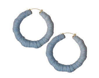 Light Denim Hoop Earrings | Denim Bamboo Style Earrings | Denim Jewelry | Boho Earrings | Handmade Earrings | Jean Earrings | Statement