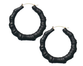 Black Faux Leather Bamboo Hoopz | Black Hoop Earrings | Lightweight and Fancy | Black Jewelry | Date Night | Girls Night Out |