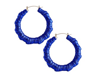 Hoop Earrings | Blue Earrings | Bamboo Hoops | Earrings | Fabric Wrapped | Blue Earrings | Hand-wrapped | Metallic Earrings | Light-weight |