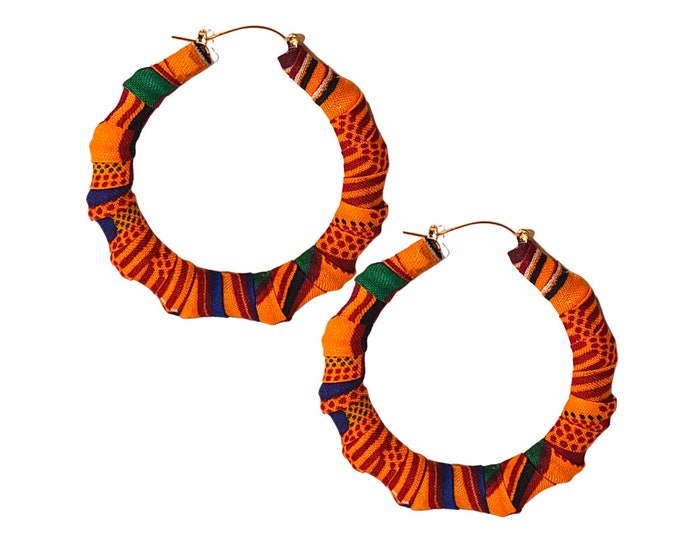 Hoop Earrings | Bamboo Earrings | African | Ankara | Kente Cloth Hand-Wrapped Earrings | Handmade | Fabric Covered | Orange |