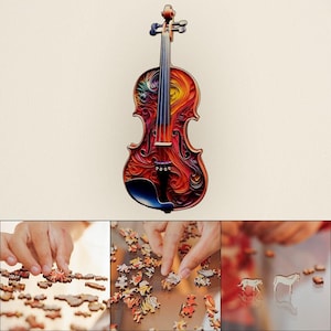 May include: A colorful wooden violin puzzle with intricate details. The violin is made of many small pieces that fit together to create a beautiful and unique design.