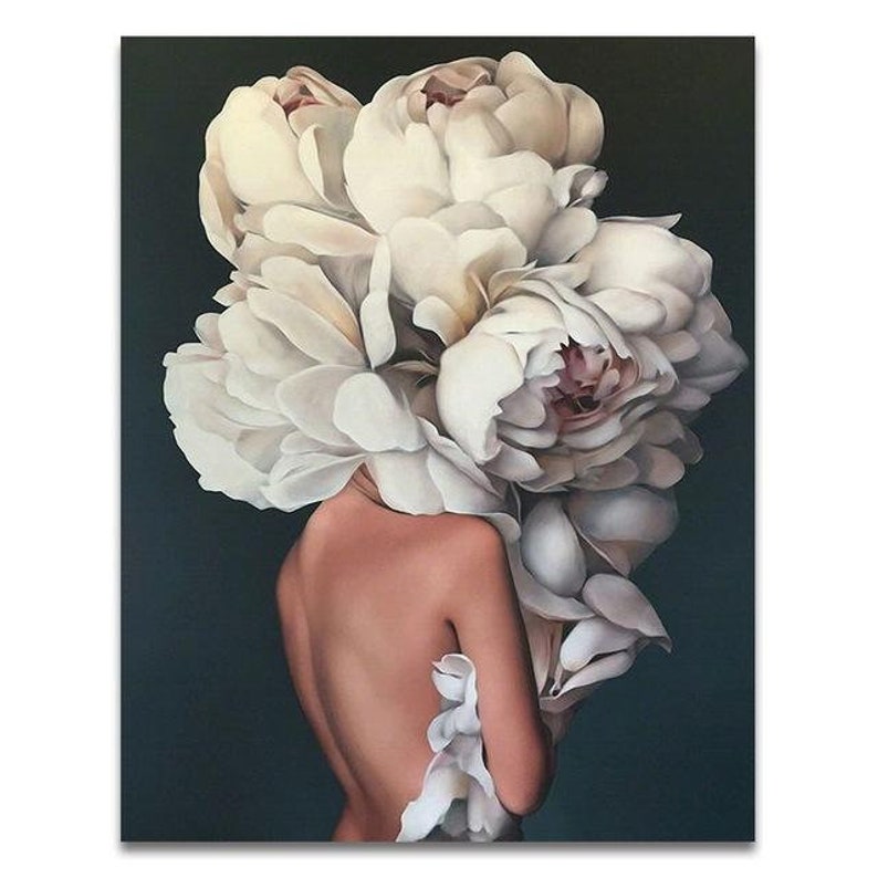 May include: A painting of a woman with white peonies covering her head and shoulders. The woman's back is facing the viewer. The background is a dark blue.