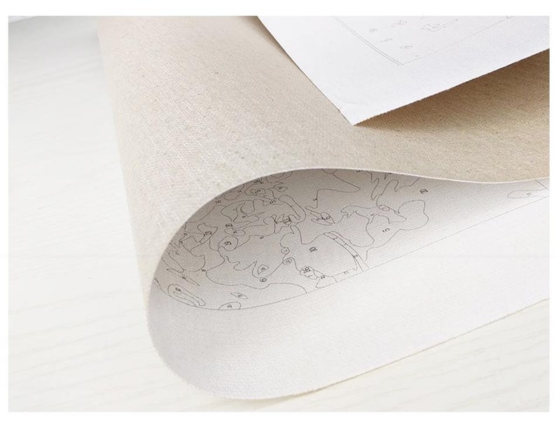May include: A white canvas with a paint-by-numbers design printed on it. The canvas is rolled up and the design is visible on the edge.