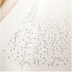 May include: A close-up of a paint-by-numbers canvas with a grid of numbered squares. The canvas is partially filled in with paint, and the numbers are visible in some of the squares. The canvas is white with black numbers.