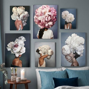 May include: Set of six abstract art prints featuring women with large flower arrangements covering their heads. The prints are in a modern style and feature a variety of colors, including white, pink, and blue.