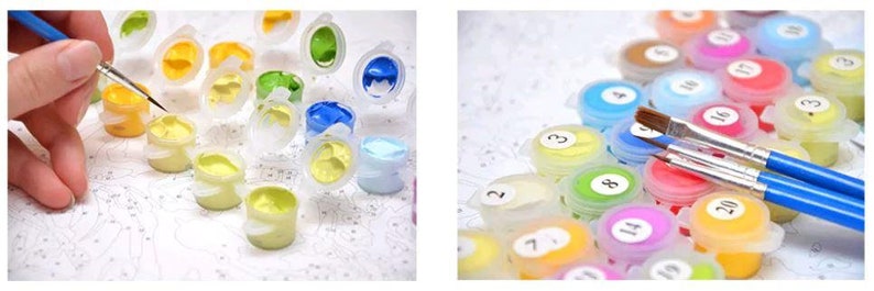 May include: A close-up of paint pots for a paint by numbers kit. The pots are labeled with numbers and contain different colors of acrylic paint. The paint pots are arranged in a grid pattern.