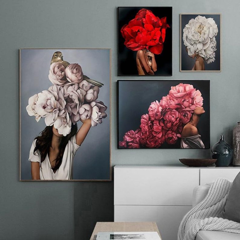 May include: Four abstract art prints featuring women with floral arrangements on their heads. The prints are in a modern style and feature a variety of colors, including pink, red, white, and gray.