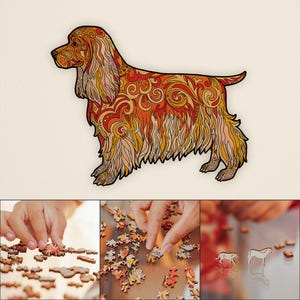 May include: A wooden jigsaw puzzle of a cocker spaniel dog with intricate, colorful patterns. The puzzle pieces are scattered on a table, with some pieces already assembled.