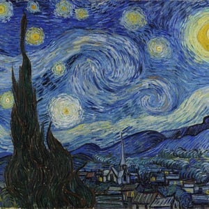 May include: An artistic painting of a night sky with swirling blue brushstrokes, bright yellow stars, and a crescent moon. A dark, tall tree stands in the foreground, with a village and church in the distance.