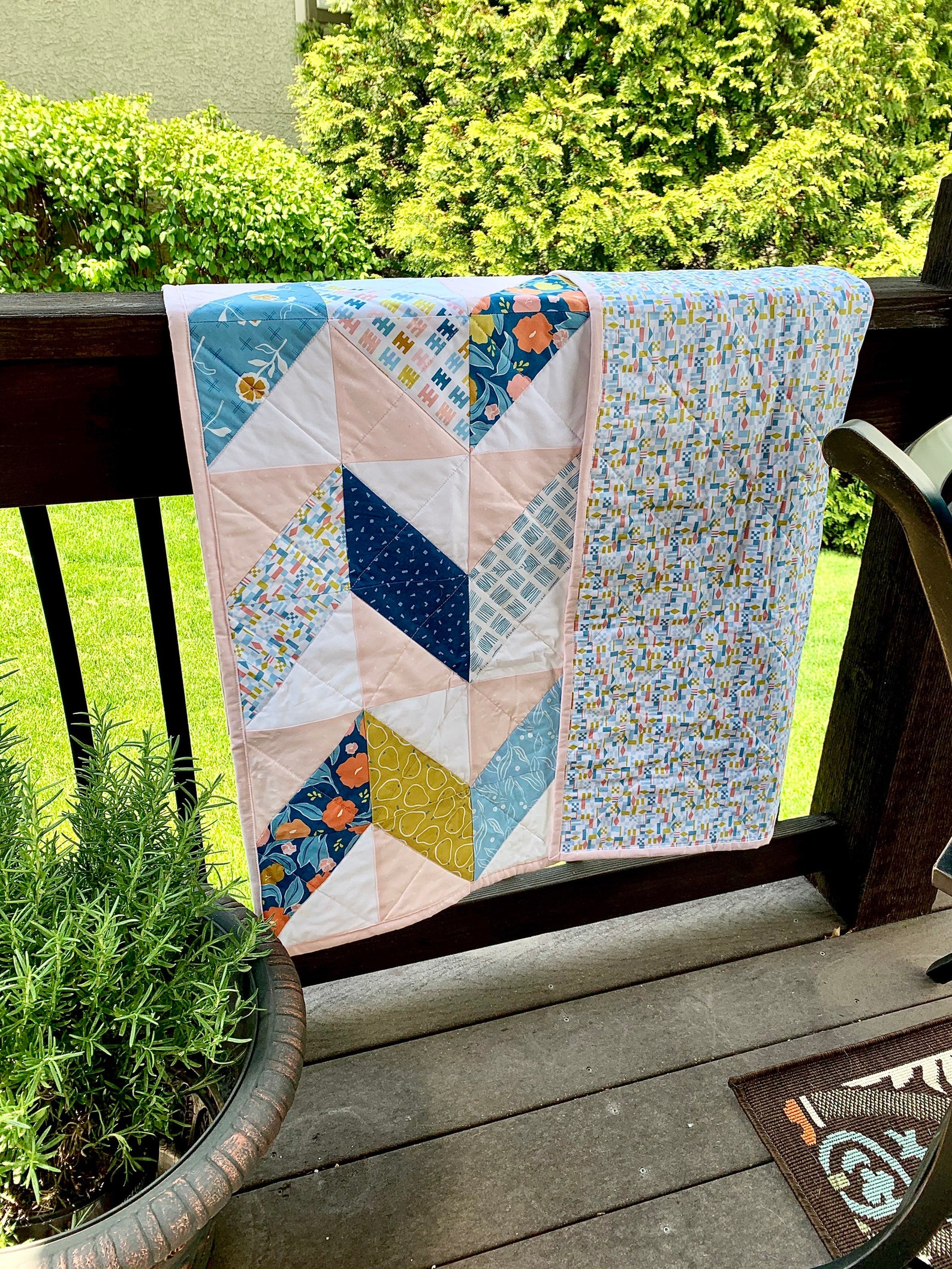 Childrens, Nursery, Toddler Bed Quilt, Herringbone, Floral, Pretty in