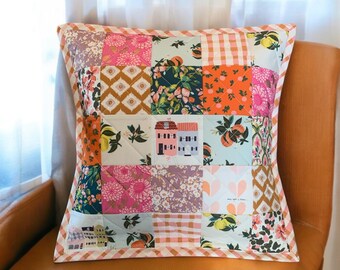 Vintage Quilted Patchwork Pillow Cover Floral Gingham Cotton Blend
