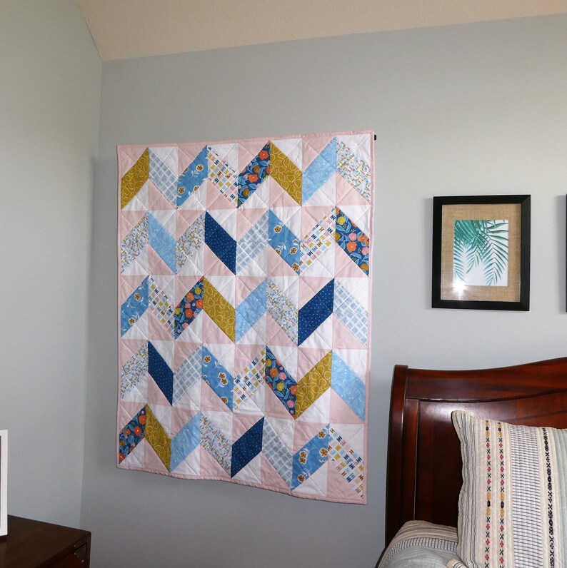 Childrens, Nursery, Toddler Bed Quilt, Herringbone, Floral, Pretty in