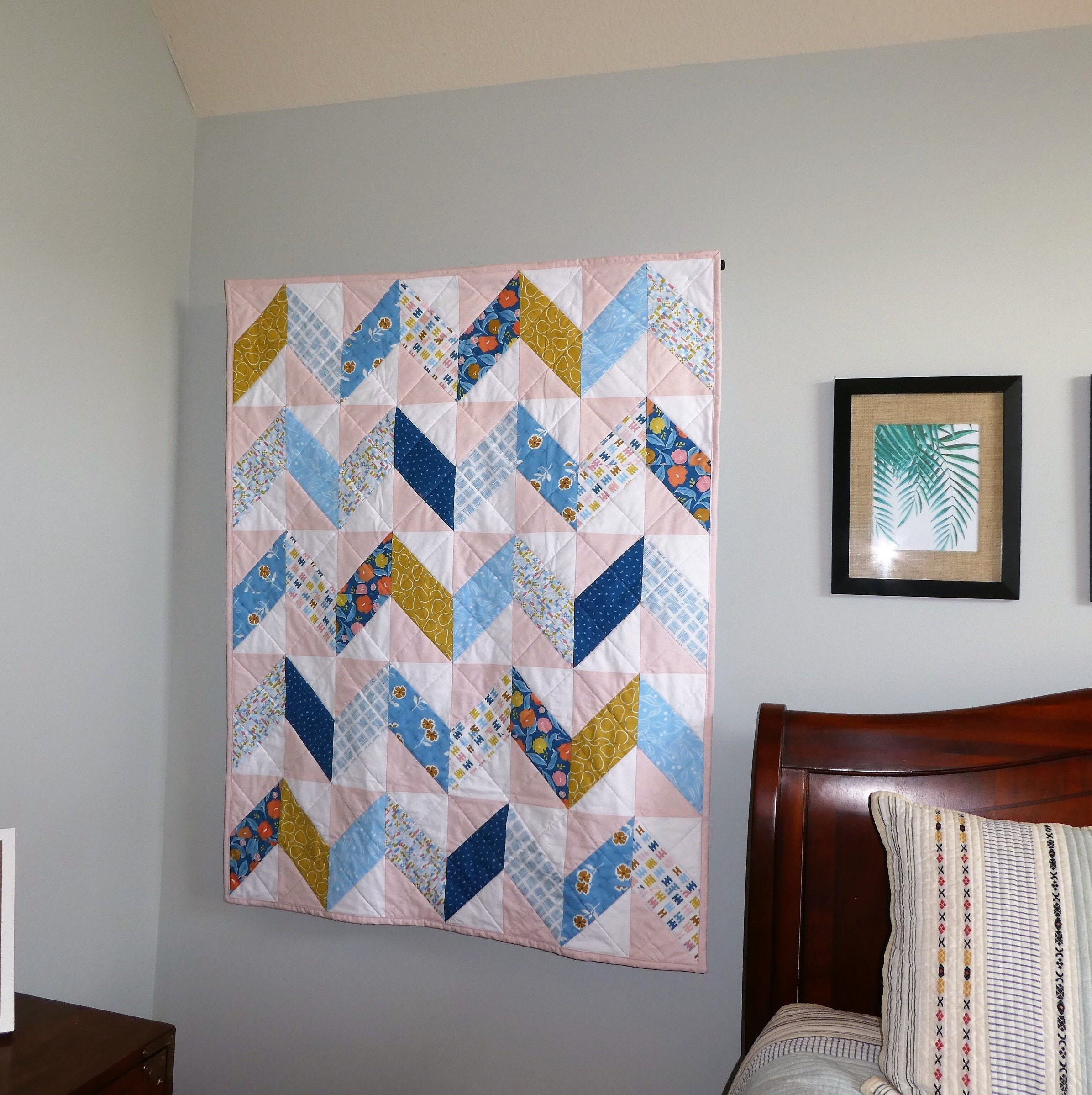 Childrens, Nursery, Toddler Bed Quilt, Herringbone, Floral, Pretty in