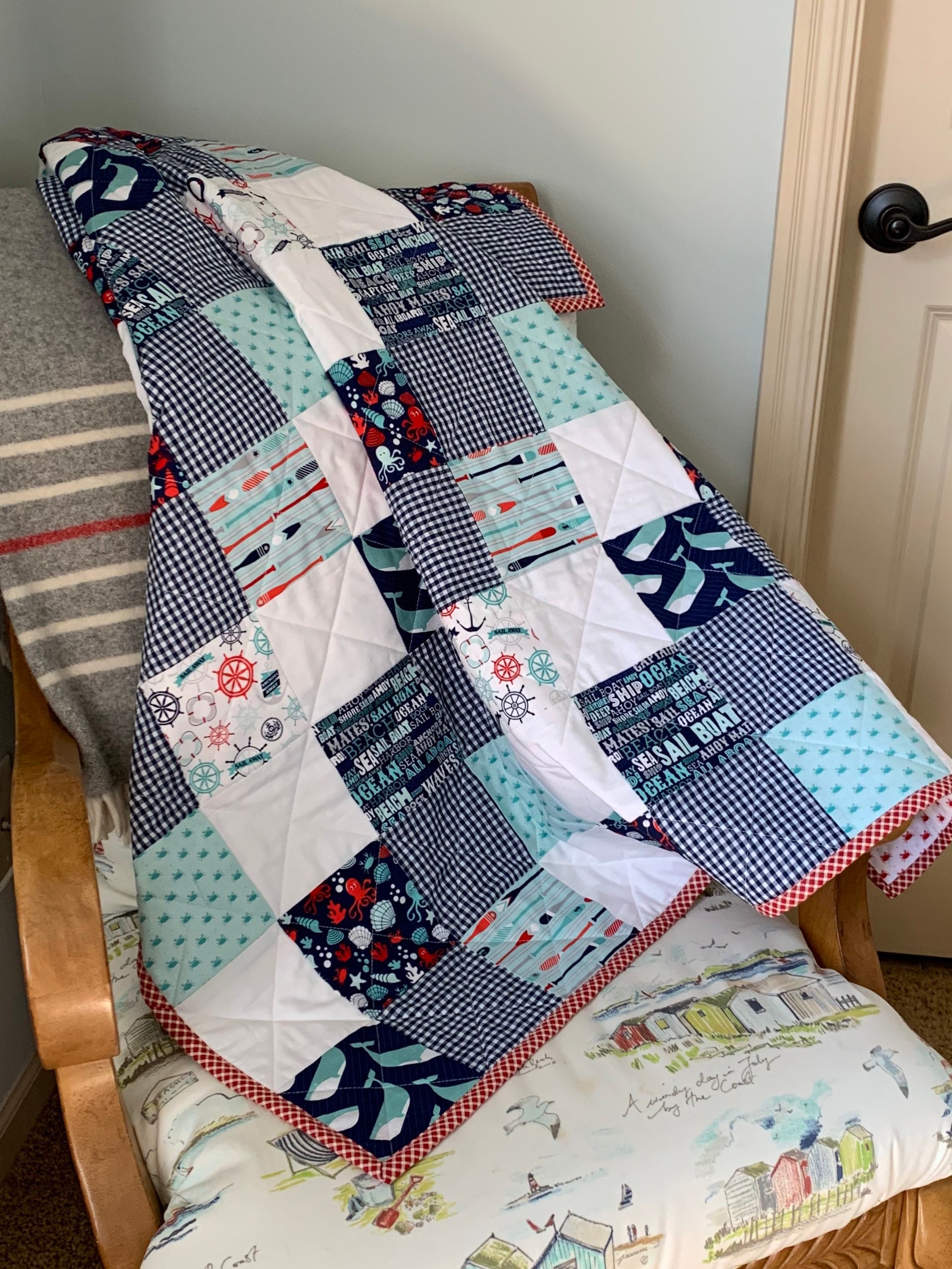 Childrens, Nursery, Toddler Bed Quilt, Lap Throw, Seaside, Ocean