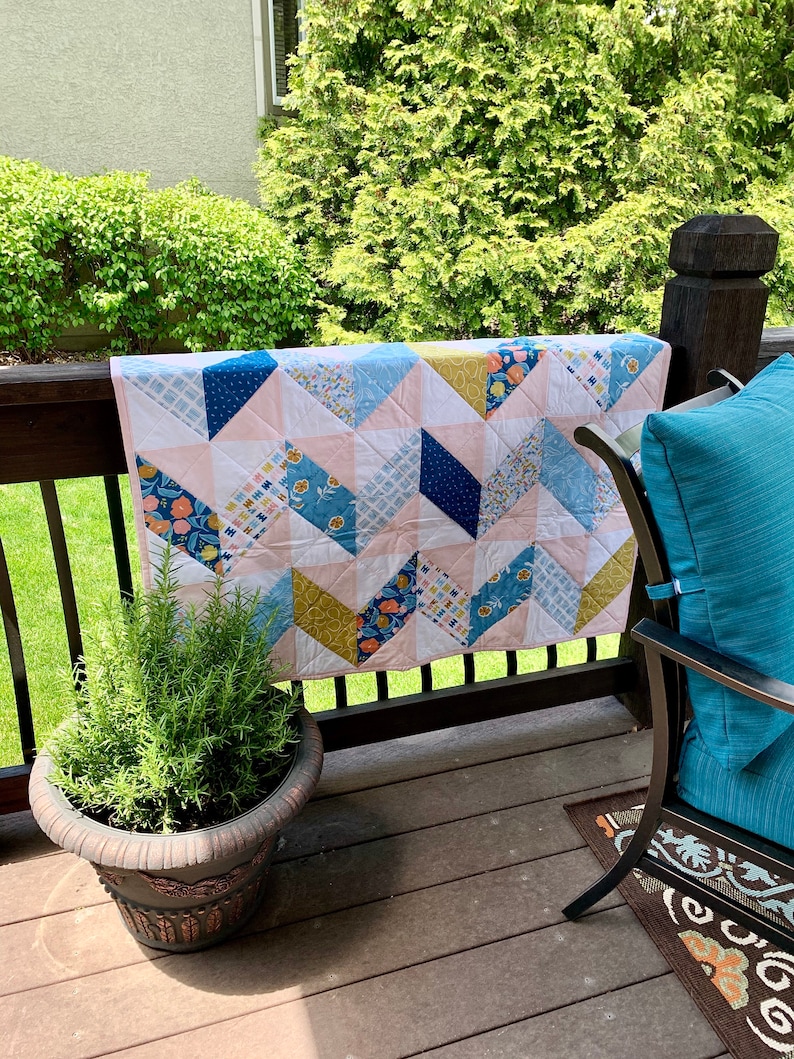 Childrens, Nursery, Toddler Bed Quilt, Herringbone, Floral, Pretty in