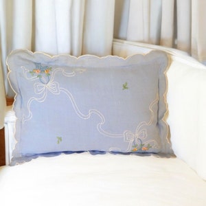Vintage linen Childs/Nursery/Accent Pillow!  Beautiful blue linen with flower basket embroidery, decorative scalloped trimmed edges.