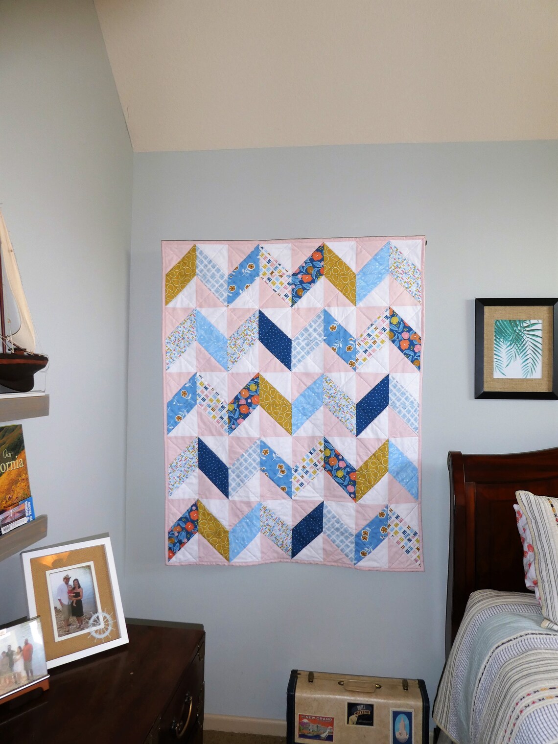 Childrens, Nursery, Toddler Bed Quilt, Herringbone, Floral, Pretty in