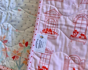 Garden Inspired Childs Quilt or Lap Throw-Bunnies-June Bugs-Florals-French Windowbox Backing! Polka Dot Binding- French Windowbox Backing