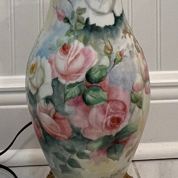 Vintage Hand Painted Porcelain Rose Table Lamp Artist Signed