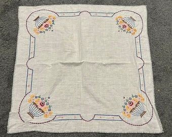 Vintage Hand Embroidered 26" Square Tablecloth with Floral Urns
