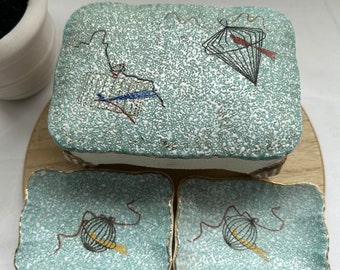 Atomic Blue Mid Century Modern Vanity Set Box With 2 Ring/Trinket Trays With Atomic Birds