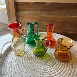 Midcentury Modern Hand Blown Crackle Glass Vase Pitcher Set of 5
