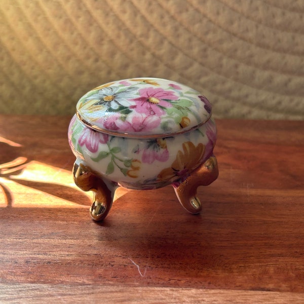 Vintage Tiny Lefton Lidded Trinket Box, Ring Holder Footed Floral Chintz Trinket Box