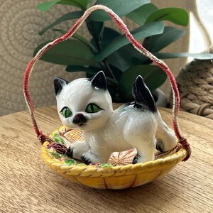 Vintage Kitten Figurine: Kitschy Hand-Painted Cat in Basket, Made in Japan
