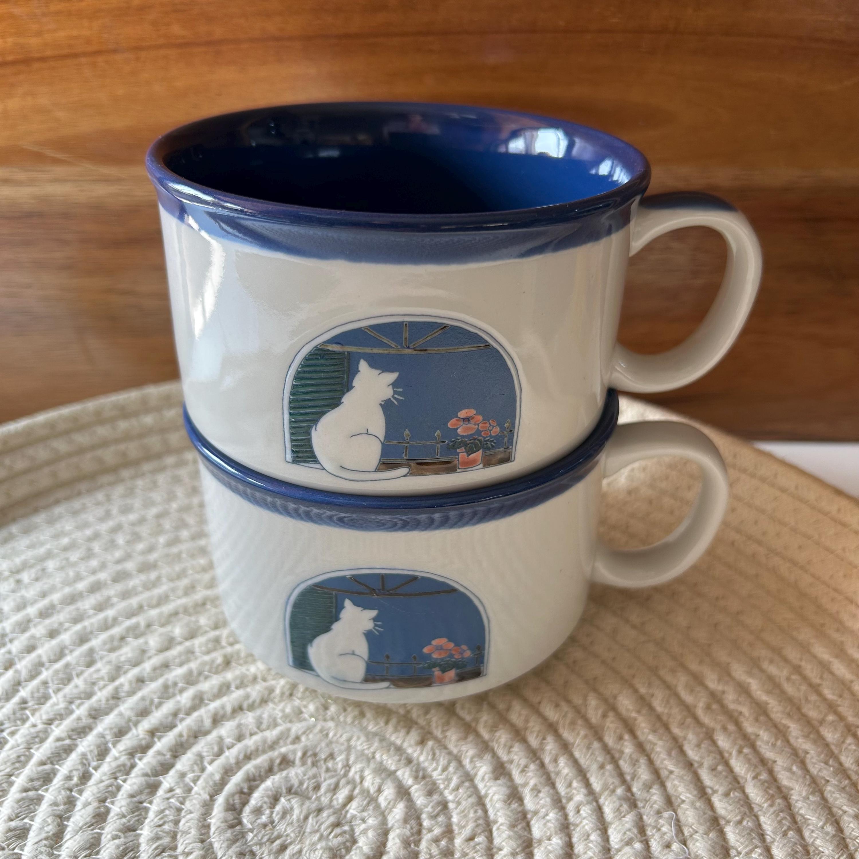 Vintage Otagiri Cat On Windowsill Mugs Set of 2