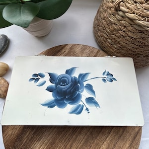 Vintage Blue And White Hand Painted Floral Tin Box