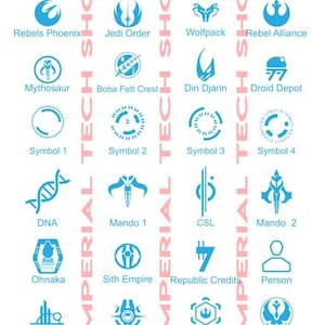 Puede incluir: Un gr&aacute;fico de iconos con tem&aacute;tica de Star Wars, que incluye el Senado Gal&aacute;ctico, la Rep&uacute;blica Gal&aacute;ctica, el Imperio Gal&aacute;ctico, la Primera Orden, los Rebeldes F&eacute;nix, la Orden Jedi, la Manada, la Alianza Rebelde, el Mythosaur, el Escudo de Boba Fett, Din Djarin, el Dep&oacute;sito de Droide, S&iacute;mbolo 1, S&iacute;mbolo 2, S&iacute;mbolo 3, S&iacute;mbolo 4, ADN, Mando 1, CSL, Mando 2, Ohnaka, el Imperio Sith, Cr&eacute;ditos de la Rep&uacute;blica, Persona, Espiral Negra, Contrabandista, Inteligencia Rebelde, Inteligencia Gal&aacute;ctica y Atraco.