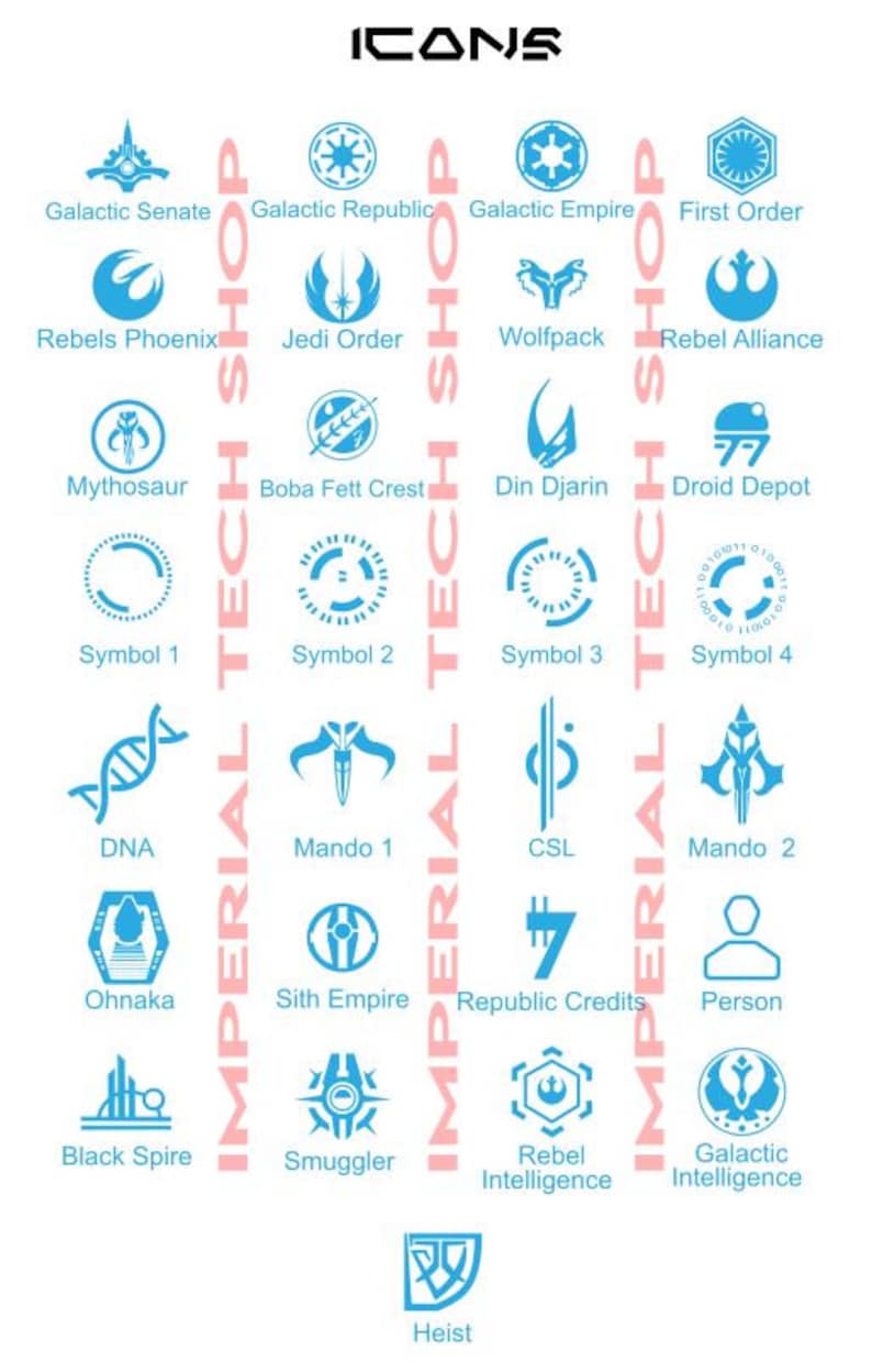 Puede incluir: Un gr&aacute;fico de iconos con tem&aacute;tica de Star Wars, que incluye el Senado Gal&aacute;ctico, la Rep&uacute;blica Gal&aacute;ctica, el Imperio Gal&aacute;ctico, la Primera Orden, los Rebeldes F&eacute;nix, la Orden Jedi, la Manada, la Alianza Rebelde, el Mythosaur, el Escudo de Boba Fett, Din Djarin, el Dep&oacute;sito de Droide, S&iacute;mbolo 1, S&iacute;mbolo 2, S&iacute;mbolo 3, S&iacute;mbolo 4, ADN, Mando 1, CSL, Mando 2, Ohnaka, el Imperio Sith, Cr&eacute;ditos de la Rep&uacute;blica, Persona, Espiral Negra, Contrabandista, Inteligencia Rebelde, Inteligencia Gal&aacute;ctica y Atraco.