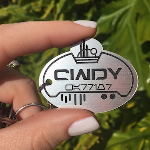 May include: A silver metal keychain with a black oval tag that says "CINDY" and "DK77107".
