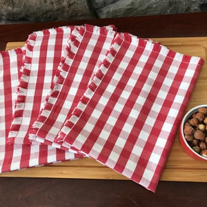 Set of 4 Red and White Checkered Fringed Placemats Summer BBQ Country Table farmhouse Cottage Mats Gingham Buffalo Check