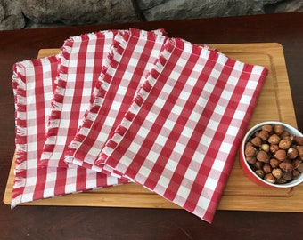 Set of 4 Red and White Checkered Fringed Placemats Summer BBQ Country Table farmhouse Cottage Mats Gingham Buffalo Check