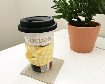 Coffee Cozy - Reusable Coffee Cup Sleeve, Yellow Gingham Beverage, Latte, Tea