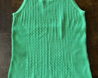Vintage 90s Green Knit Shell Top - Tank - Minimalist - Sleeveless  - Cable Knit - Rounded Neck Band Tank