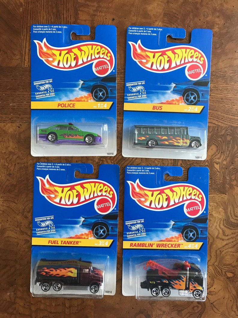 Vintage Hot Wheels Lot of 4 1997, Heat Fleet Series Police, Bus, Fuel