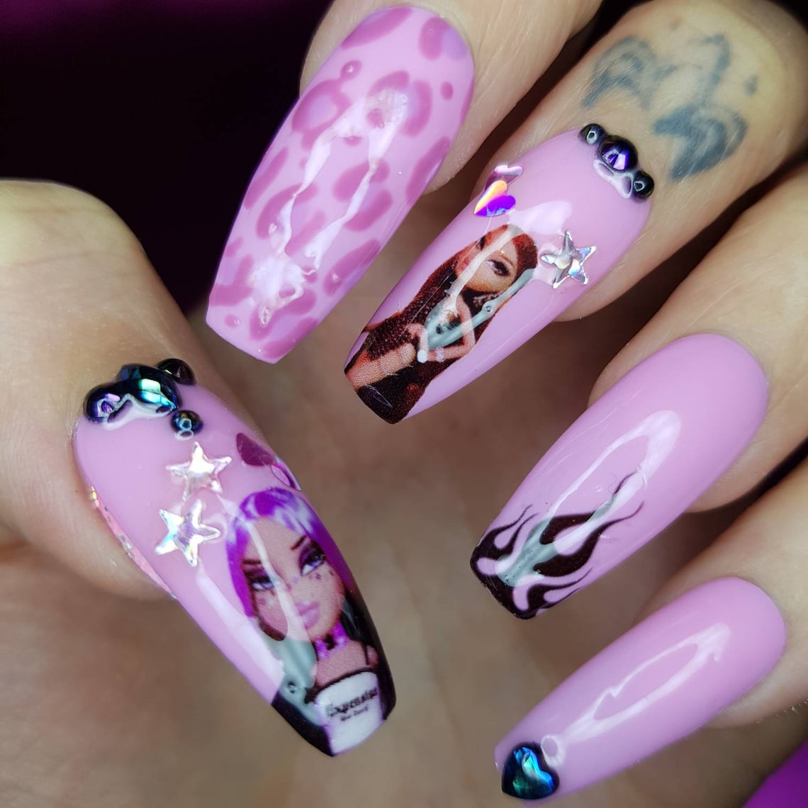 Bratz dolls y2k pink press on nails with leopard print | Etsy