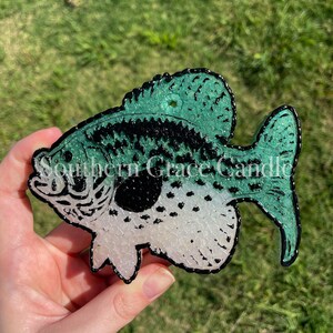 May include: A green and white fish-shaped resin ornament with black details. The ornament is covered in small, glittery beads.