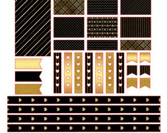 May include: A set of black and gold planner stickers with various patterns, including stripes, polka dots, and hearts. The stickers are perfect for adding a touch of elegance to your planner.