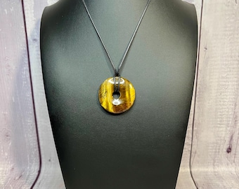 Tigers Eye Donut Pendant, 20 inch Black Cord, Necklace, Yellow, Brown, Gold